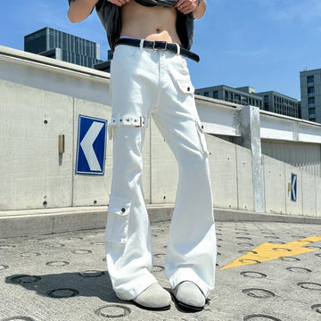 AIDASE  -  Lace-Up Flared Men Jeans American Style High Street Multi-Pocket Cargo Denim Pants Slim Fit Solid Color Trousers 21E6810 aidase-shop